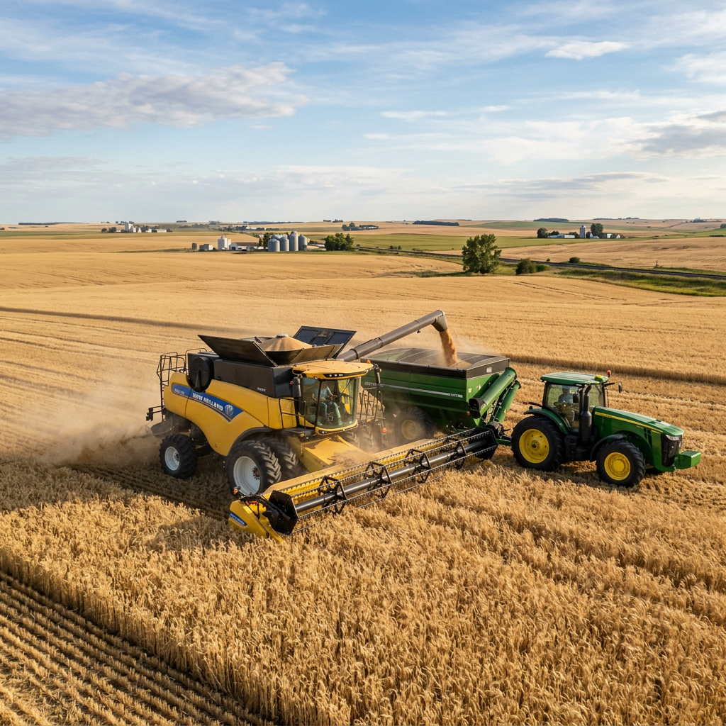 Combine harvesting wheat in Manitoba field