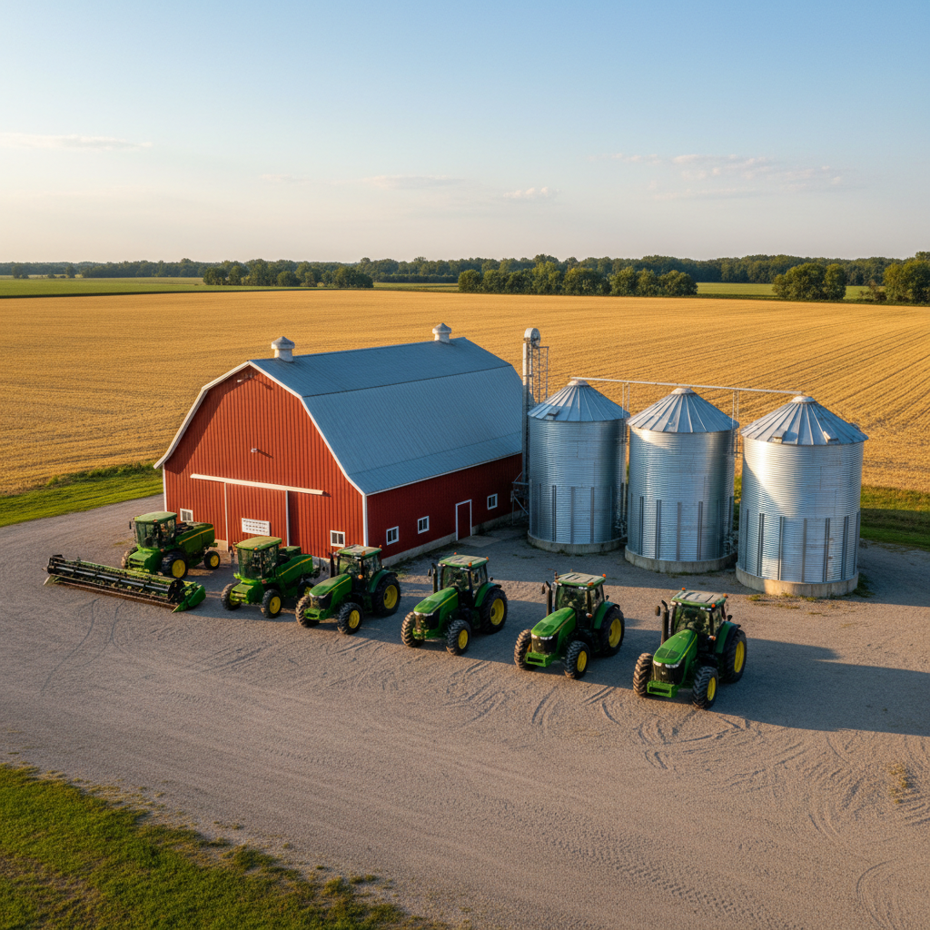 A meticulously organized farmyard featuring a large red steel-sided barn, silver grain silos, and a line of well-maintained green farm equipment parked on a smooth gravel yard. Golden late-afternoon sunlight washes over the scene, creating long, gentle shadows that emphasize the shapes of the buildings and machinery. The sky is clear, pale blue with a few distant clouds, and freshly cut fields stretch into the softly blurred background. Shot from a slightly elevated angle with sharp focus in the foreground, the composition centers the barn while the silos anchor one side. The mood is calm, prosperous, and secure, evoking the reassurance of comprehensive farm insurance in a realistic, professional photographic style.