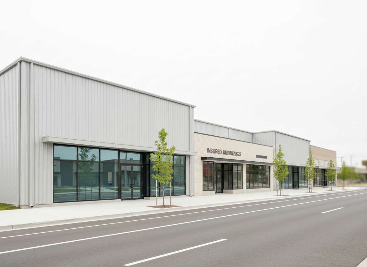 A neat row of commercial buildings, including a modern warehouse and a small retail storefront, all freshly painted in neutral tones with crisp, clean lines, represents insured businesses. The scene is viewed at eye level from across a wide, well-maintained street, with clear lane markings and a tidy sidewalk. Soft, bright overcast daylight creates even, shadowless illumination, highlighting the textures of brick, glass, and metal siding. Subtle reflections appear in large glass windows, with the background gently blurred for focus on the properties. The mood is dependable and professional, suggesting stability and protection. Photographic realism with a clean, modern aesthetic reinforces the clarity and trust of commercial insurance coverage.